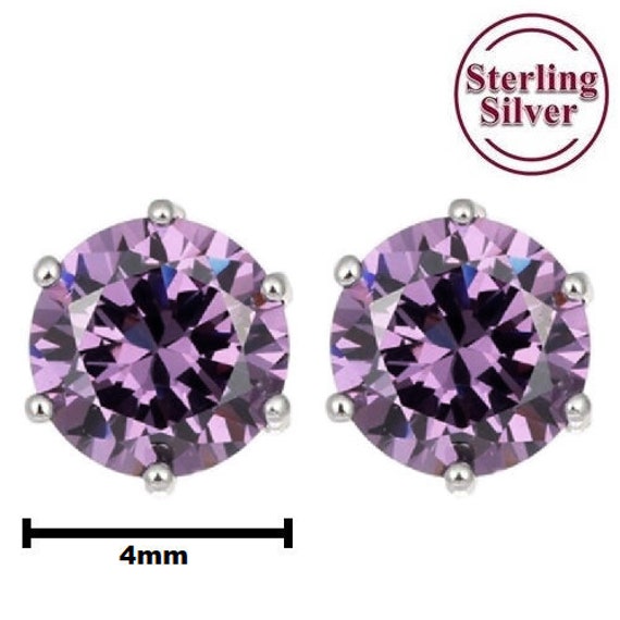 February Birthstone stud push back butterfly posts CZ Amethyst purple color Stud Earrings 3458mm Hypoallergenic Stainless Steel