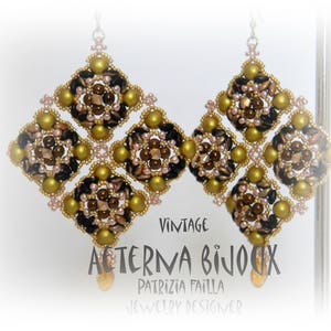 May include: A pair of gold and brown beaded earrings with a geometric design. The earrings are made by Aeterna Bijoux, a jewelry designer.