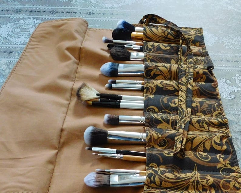 Makeup Brush Holder Chocolate Brown Brush Roll Crochet Hook Case Brush Holder Makeup Artist Case Travel Bag Makeup Brush Roll
