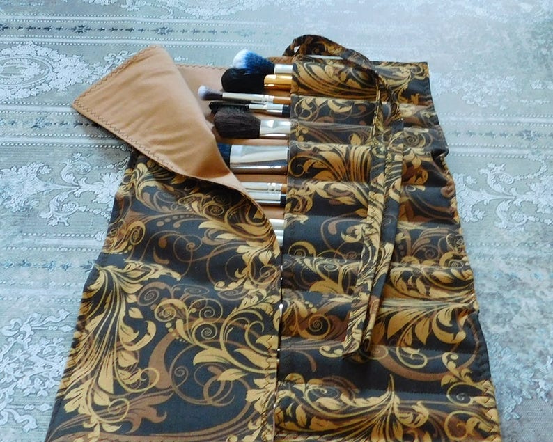 Makeup Brush Holder Chocolate Brown Brush Roll Crochet Hook Case Brush Holder Makeup Artist Case Travel Bag Makeup Brush Roll