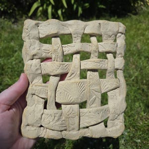 Orchid Pottery Woven Plaque Rectangle 6.75" Unglazed Fans & Flowers
