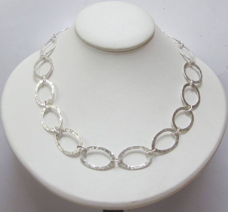 Necklace Rhinestone Chain Link Large Oval Pave Textured Silver