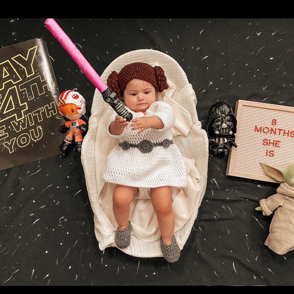 Ensemble bébé Princesse Leia (robe, chaussures, cheveux)