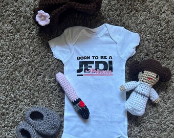 Princess Leia inspired Baby Outfit ("Born to be a Jedi Princess" onsie/mini lightsaber/ shoes/ hair/ plushie)