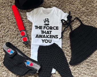 Darth Vader baby-outfit ("The Force that Awakens You" onsie, luierhoes, broek, Midi-lichtzwaard, helm, cape)