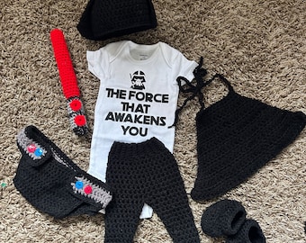 Darth Vader Baby Outfit ("The Force that Awakens You" onsie, diaper cover, pants, Midi lightsaber, booties, cape, helmet)