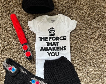 Darth Vader Baby Outfit ("The Force that Awakens You" onsie, diaper cover, pants, Midi lightsaber, helmet)