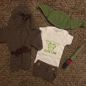 Yoda/Grogu Baby Set (&quot;Cute I Am&quot; onsie, robe, diaper cover, hat,mini lightsaber)