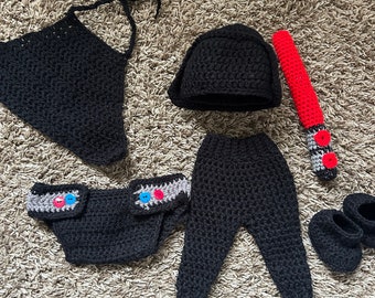 Darth Vader Baby Outfit (luierhoes, broek, Midi-lichtzwaard, slofjes, cape, helm)