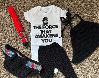 Darth Vader Baby Outfit ("The Force that Awakens You" onsie, diaper cover, pants, Midi lightsaber, cape)