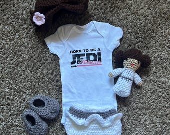 Princess Leia inspired Baby Outfit ("Born to be a Jedi Princess" onsie/shoes/ Princess Leia Plushie/ hat/ diaper cover)