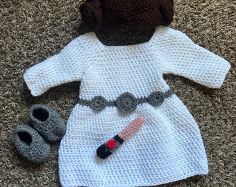 Princess Leia Baby Set (dress, shoes, hair, mini lightsaber)
