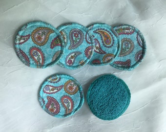 Set of 10- Teal Paisley Cotton Makeup Rounds, Reusable Facial Rounds, Reusable Makeup Remover Pads