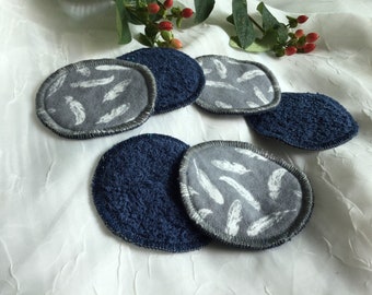 Set of 10- Grey Feather Cotton Makeup Rounds, Reusable Facial Rounds, Reusable Makeup Remover Pads