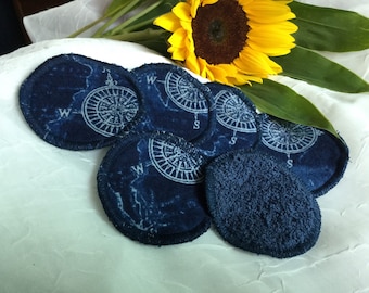 Set of 10 Navy Compass Cotton Makeup Rounds, Reusable Facial Rounds