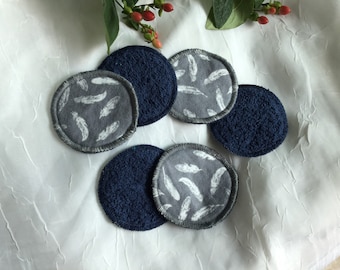 Set of 5- Grey Feather Cotton Makeup Rounds, Reusable Facial Rounds