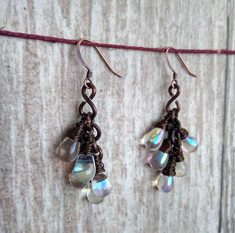 Copper /& bronze earrings Birthday gift Rainbow crystal earrings Cluster Czech earrings For her Aesthetic earrings Crystal earrings