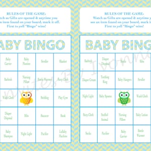 Baby Shower Bingo Game Owl Theme Girl or Boy INSTANT DOWNLOAD set of 40