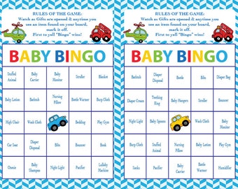 May include: A blue and white baby bingo card with a colorful title and a list of baby items to mark off. The card has a blue and white chevron pattern background.