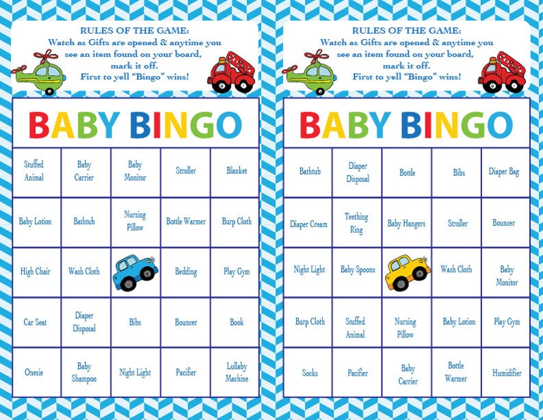 Baby Shower Bingo Game Cars Planes Trains Theme Instant Digital Set Of 40 Custom Available