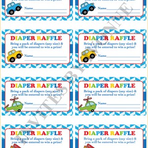 Baby Shower Games Diaper Raffle Tickets &quot;Cars, Trains, Planes&quot; Theme INSTANT DOWNLOAD Boy or Girl