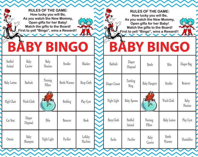 Baby Shower Bingo Game SEUSS Theme _instant Digital Download_set of 40 ...