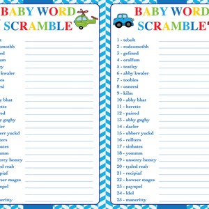 Baby Shower Game Word Scramble &quot;Cars, Planes, Trains, Trucks&quot; Theme INSTANT DOWNLOAD Boy or Girl
