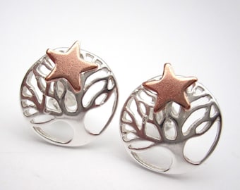 Earrings Silver Tree of Life Studs, Star and Tree earrings, Copper and silver posts, Morning Star, Evening Star, Wishing Star, posts, studs.