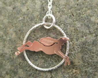 Running Hare Pendant in Sterling Silver With Copper Hare, Wild Hare silver copper necklace. Handmade jewellery metalsmith necklace