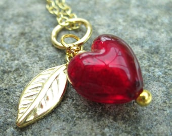 Red Heart necklace Venetian Murano Glass Heart on Vermeil Gold Chain, Apple Leaf. Red Heart Pendant.