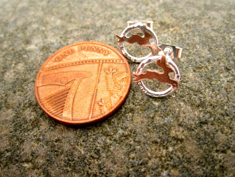 Teeny hare earrings rabbit Hare Earrings Tiny Silver and copper British made British Silver Small Sterling Silver Copper Metalsmith