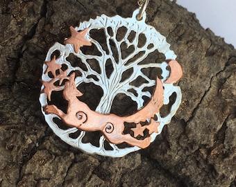 Silver tree of life with copper fox, leaping reynard and stars with silver pendant,  Tree of life, Fox necklace Yorkshire Tree, running