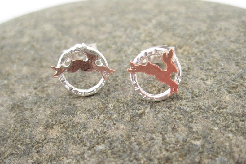 Teeny hare earrings rabbit Hare Earrings Tiny Silver and copper British made British Silver Small Sterling Silver Copper Metalsmith