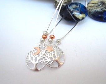 Tree of life earrings. 'Magical' Moon Star Tree of Life Silver Earrings, Long Earrings, Star, Moon, Sterling Silver Copper Celestial