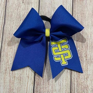 May include: A blue cheer bow with a yellow and white "SF" logo in the center.
