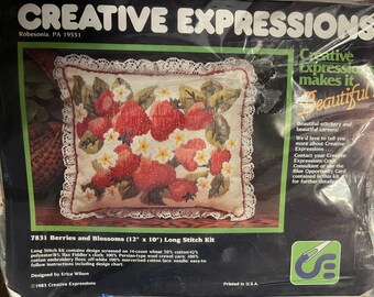 Vintage 1983 Creative Expressions Strawberries and Blossoms Sampler Pillow Long Stitch Kit 7831 OOP