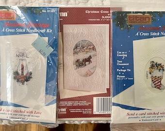 3 Vintage Christmas Card Ornament Counted Cross Stitch Kits: Janlynn, Titan Needlecraft