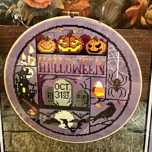 Autumn Lane Stitchery, Echantillonneur de nuit d'Halloween, Grille de motifs de point de croix compté