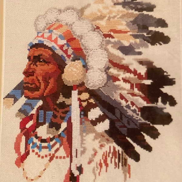 1984 Vintage Sunset Native American Indian Chief Sampler Counted Cross Stitch Kit 2959 Eileen Violet OOP