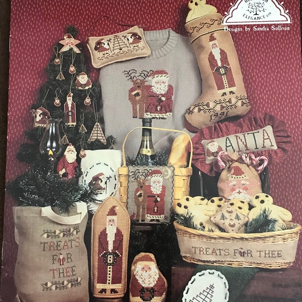 HTF Vintage 1991 Cinnamon Stick Christmas Santa St Nicholas Ornaments Stocking Counted Cross Stitch Leaflet OOP VI