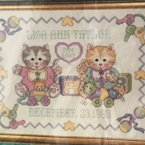 1999 vintage Janlynn Joan Elliott knuffelige kittens geboorteakte Sampler geteld Cross Stitch Kit OOP 140-20