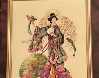 Vintage 1999 Barbara Baatz Japanse engel sampler geteld kruissteek folder American School of Handwork OOP 3724