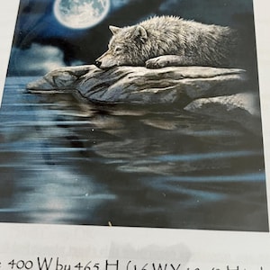 May include: A detailed illustration of a wolf resting on a rock in a moonlit scene. The wolf has gray fur and is lying down, with a full moon in the background. The water reflects the moon and sky, creating a serene and naturalistic image.