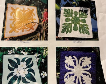 Vintage 2002 Hawaiian Quilt Wall Hanging Printed Interfacing: Kapa Hawai'i' Orchd, Breadfruit, Pineapple OOP
