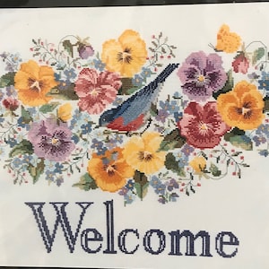 Vintage 1997 Janlynn Pansy Welcome Floral Bluebird Sampler Counted Cross Stitch Kit Eleanor Engel OOP 04-743