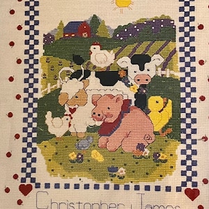 1997 vintage Janlynn Ginny Fraser boerenerf geboortekaartje Sampler geteld Cross Stitch Kit OOP #08-103