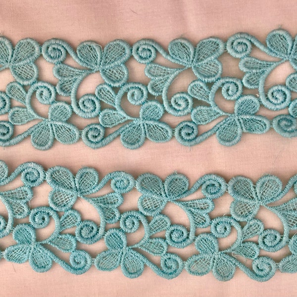 1 Yard Vintage Fancy 2 1/2 inch Wide Turquoise Blue Filigree Lace Trim Embellishment