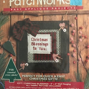 Vintage Bucilla Holiday PatchWorks Christmas Sampler Counted Cross Stitch Quilted Wall hanging Applique OOP