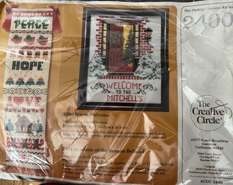1984 Vintage Creative Circle Warm Welcome Family Christmas Sampler Counted Cross Stitch Kit Russell Bushee 2400 OOP