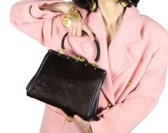 Vintage Black Leather and Brown Fur Frame Handbag